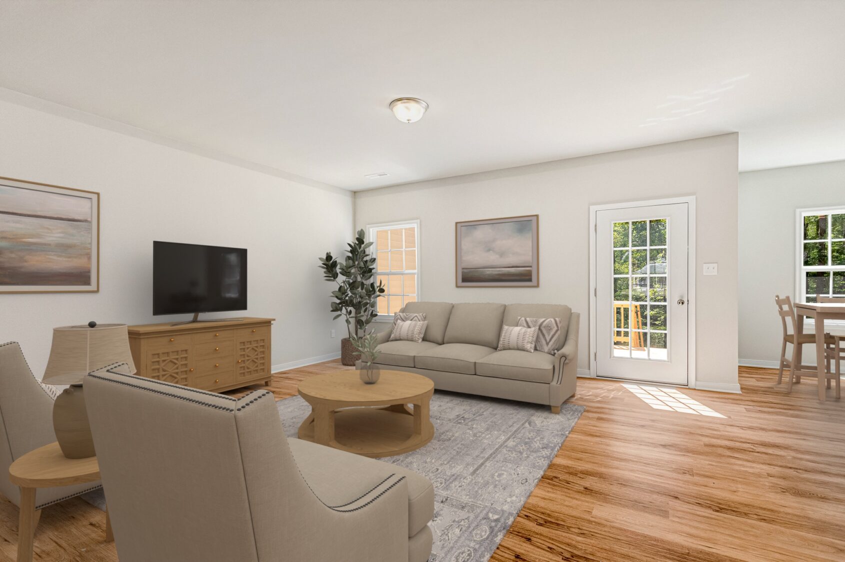 Bright living room in Patrick Henry Heights with sofa, TV, and large windows—featured in Lot 57.