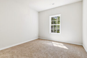 Empty room with beige carpet and white walls in Patrick Henry Heights, Lot 57, filled with natural light from a window.