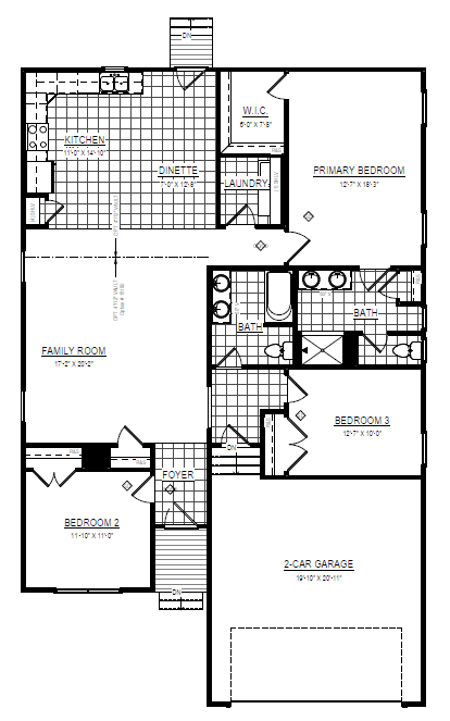 Black and white floor plan showing three bedrooms, two baths, kitchen, family room, and a 2-car garage.