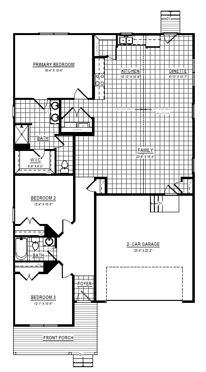 Black and white floor plan of a single-story 3-bedroom house with garage, family room, and kitchen.