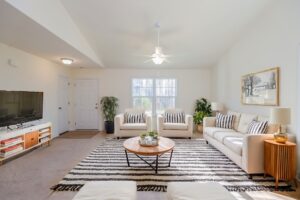 Bright living room in new homes in Richmond VA, with white sofas, striped rug, round coffee table, and large TV.