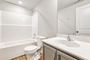 Modern Poplar Village bathroom with a bathtub-shower combo, toilet, and sink with large mirror above the vanity.