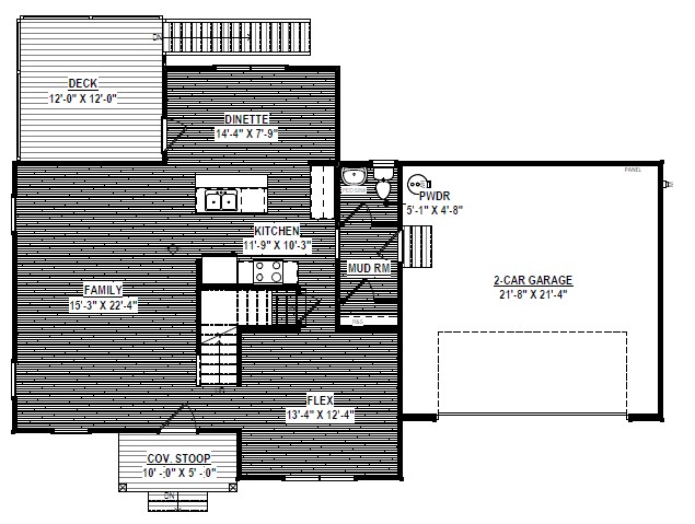 Discover Lot 22 at Poplar Village: a floor plan with kitchen, dinette, family room, mudroom, 2-car garage, deck, and more.