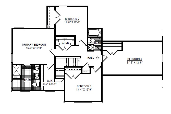 Floor plan for Lot 22 in Poplar Village: four bedrooms, walk-in closet, three baths, laundry area, and a central hall.