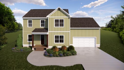 A green two-story house on Lot 22, Poplar Village, with a white garage and lush greenery under a blue sky.