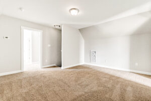 Empty room with beige carpet, white walls, a ceiling light, and an open doorway leading to another room.