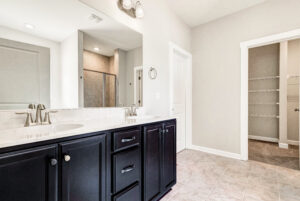 Modern bathroom with double sink vanity, large mirror, and view of shower and walk-in closet.