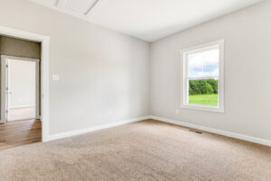 Empty room with beige carpet, light gray walls, and a window showing green grass and a blue sky outside.