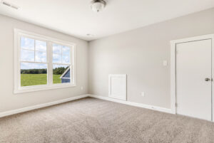 Empty room with light gray walls, a window showing a green field, and beige carpeted flooring.