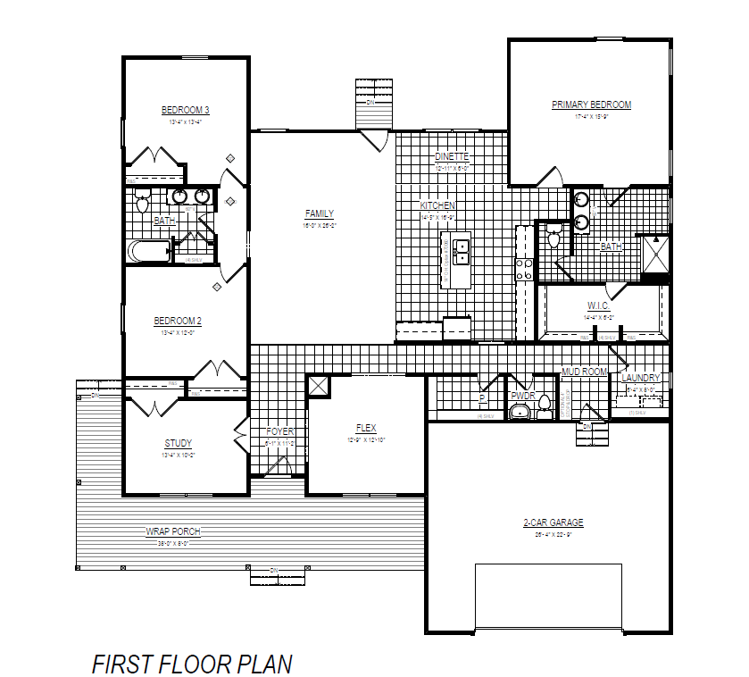 Black and white floor plan showing bedrooms, bathrooms, kitchen, garage, study, flex room, and porch.