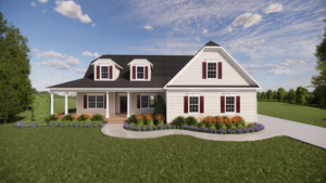 Single-story house with dormer windows, surrounded by green grass and colorful flower beds, under a blue sky.