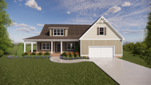 Single-story house with a garage, porch, and manicured garden under a partly cloudy blue sky.