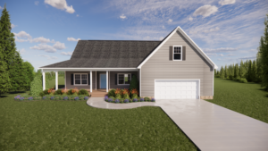 A modern house with gray siding, a porch, attached garage, and a paved driveway, surrounded by green lawn and trees.