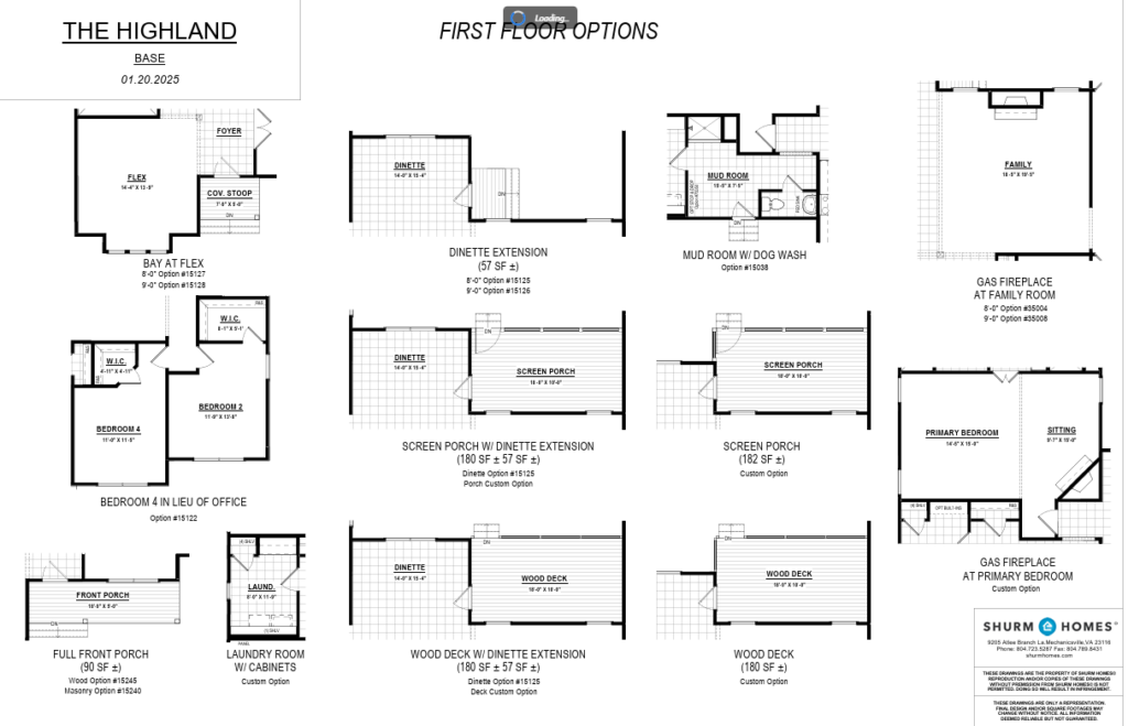 First floor layout options for The Highland home—perfect for new homes in Richmond VA—with fireplace, porch, and bath variations.