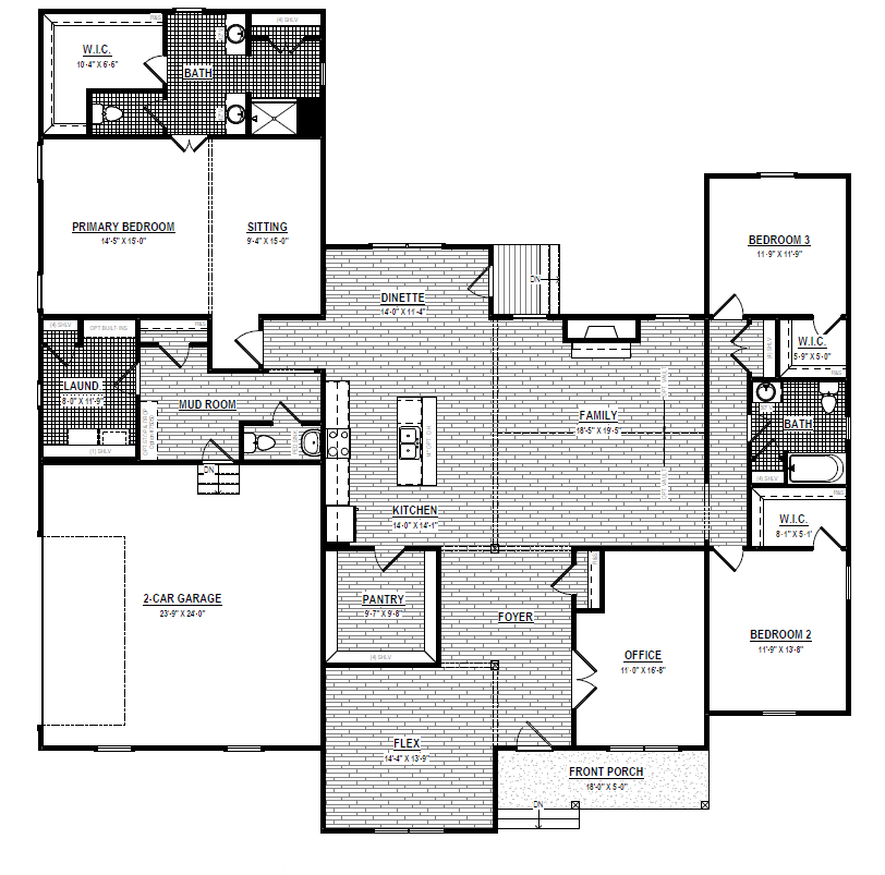 Black-and-white floor plan of a single-story house, like those in new homes in Richmond VA, with clearly labeled rooms.