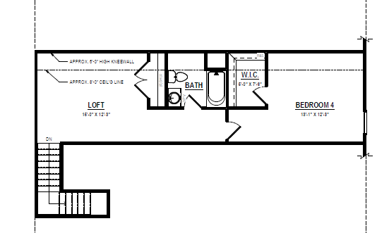Second floor plan for new homes in Richmond VA: stairs, loft, bath, walk-in closet, and bedroom 4.