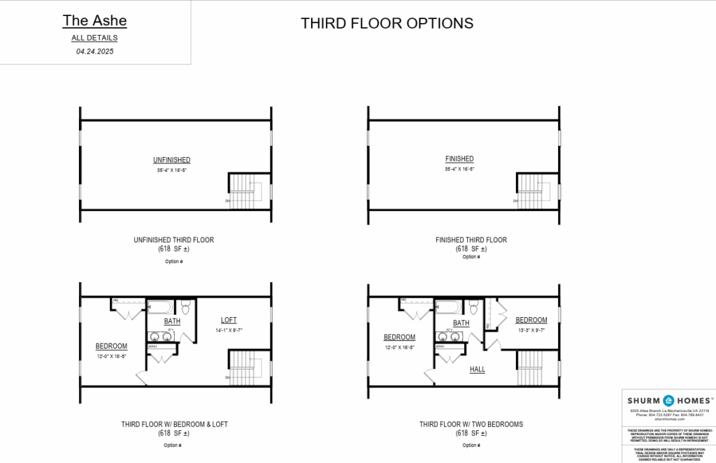 Four third-floor layout options for The Ashe house, including unfinished, finished, loft, and two-bedroom plans.