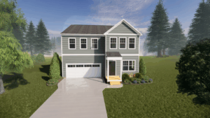 Two-story gray house with a front porch, garage, driveway, and landscaped yard surrounded by trees.