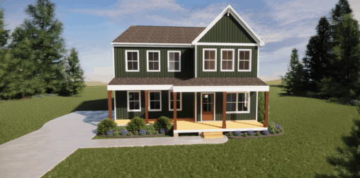 Two-story green house with a front porch, surrounded by grass, bushes, and trees under a partly cloudy sky.