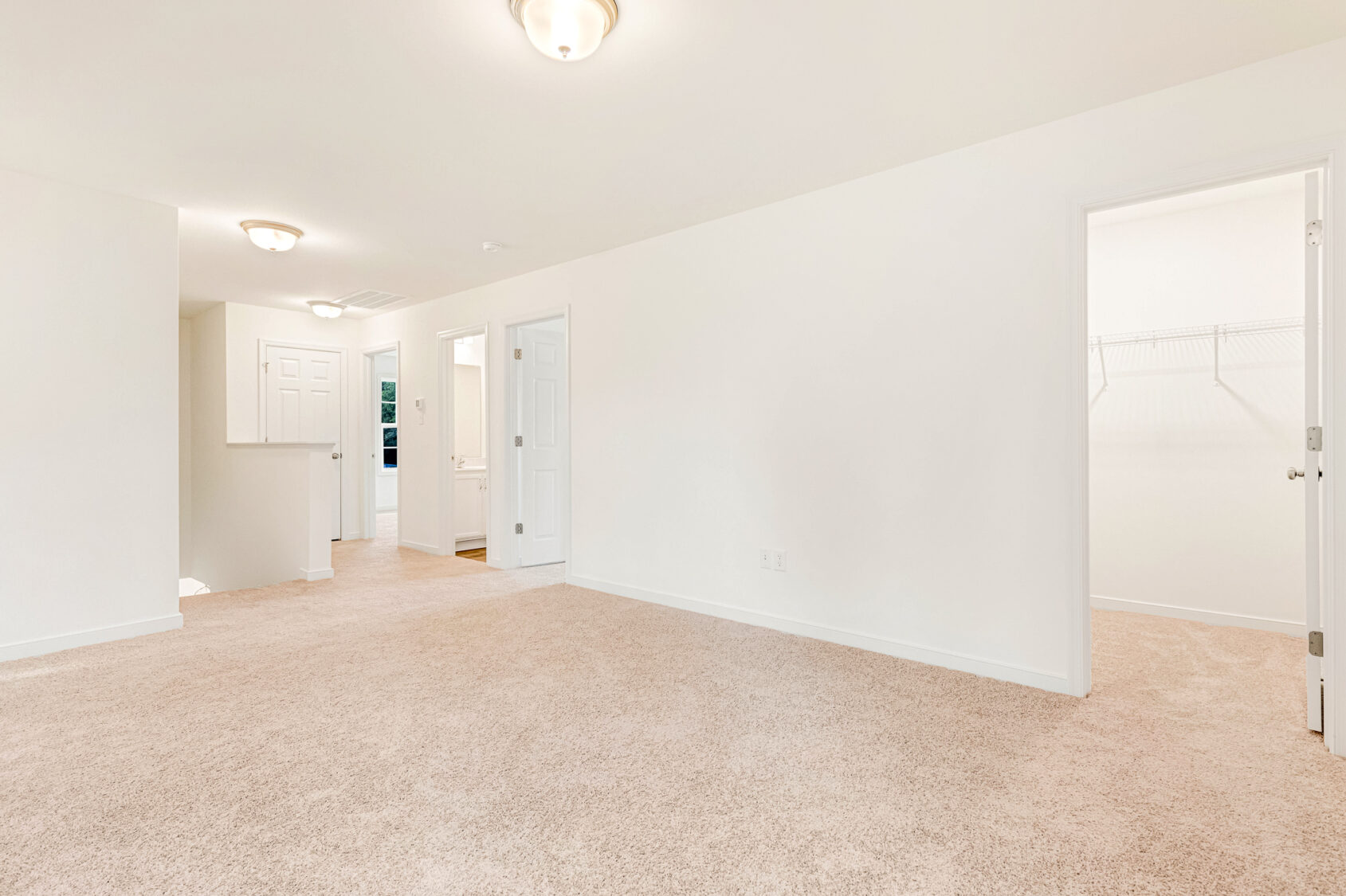 Empty, carpeted room in Poplar Village's Lot 29 with white walls, ceiling lights, multiple doors, and a walk-in closet.