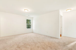 Bright, empty carpeted room in Poplar Village, Lot 29, with white walls, ceiling lights, and a window overlooking greenery.