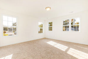 Bright, empty room in Poplar Village, Lot 29, with beige carpet, white walls, and large sunlit windows.
