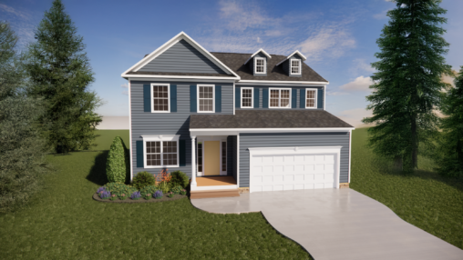 Two-story blue house with white trim on Lot 29 in Poplar Village, featuring a porch, garage, and landscaped yard.
