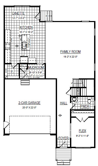Main floor plan with kitchen, dinette, family room, mudroom, garage, hall, foyer, powder room, and flex space.