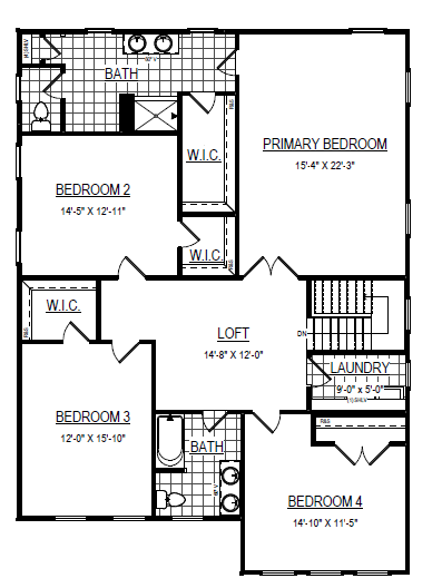 Black and white floor plan showing four bedrooms, two bathrooms, a loft, laundry area, and three walk-in closets.