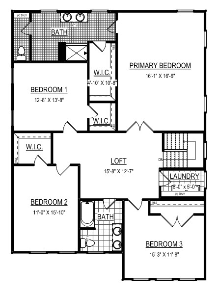 Black and white floor plan showing four bedrooms, three bathrooms, laundry, and a central loft area.