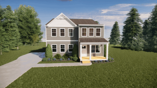 Two-story gray house with white trim, front porch, driveway, and green lawn surrounded by trees.
