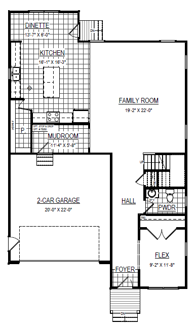 Black and white floor plan of a houses first floor, showing rooms, garage, and labeled areas.