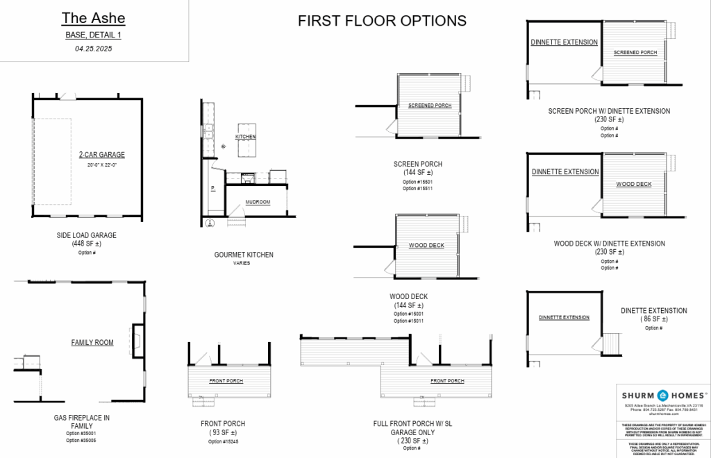 Blueprint showing The Ashe home first floor options, including porches, garages, kitchen, and dinette extensions.