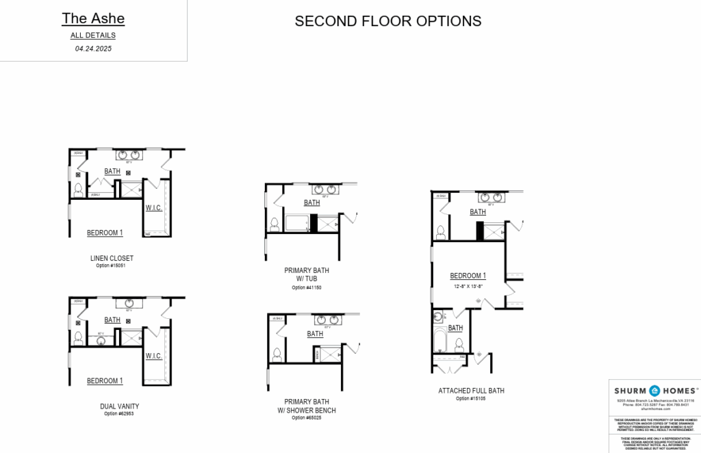 Second floor plan options for “The Ashe” home, showing different bedroom and bathroom layouts.