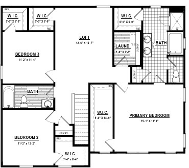 Second floor house plan for Poplar Village Lot 29 features 3 bedrooms, 3 baths, a loft, laundry, and walk-in closets.