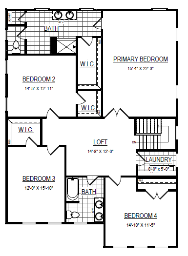 Black-and-white floor plan showing four bedrooms, two bathrooms, a loft, laundry room, and three walk-in closets.