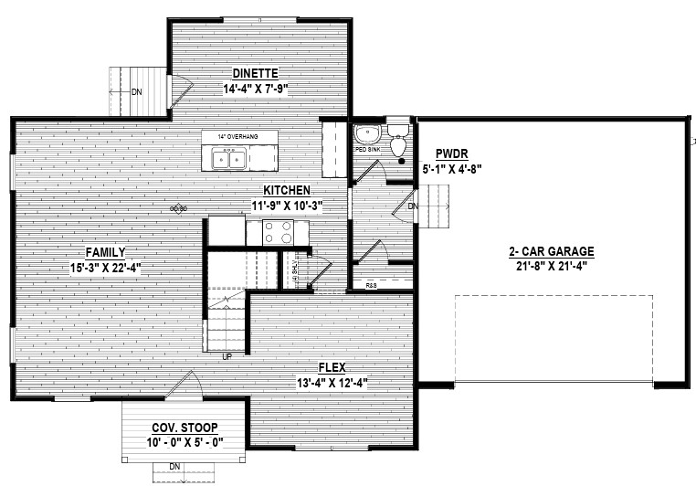 Black and white floor plan of Lot 12 in Poplar Village showing family room, kitchen, dinette, flex room, garage, and more.
