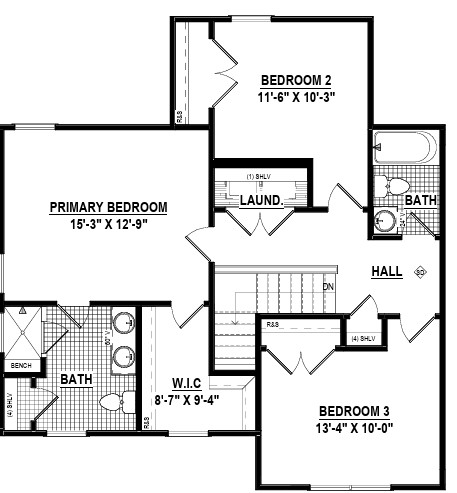 Second floor plan for Poplar Village Lot 12 with three bedrooms, two baths, laundry room, walk-in closet, and hall.