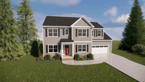 Two-story suburban house in Poplar Village with gray siding, red door, garage, and landscaped yard on Lot 23.