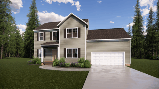 Two-story beige house with white trim on Lot 12, attached garage, driveway, and lawn in Poplar Village.