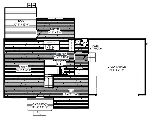 Black and white floor plan of Poplar Village Lot 12 with kitchen, family room, flex room, garage, dinette, deck, and stoop.