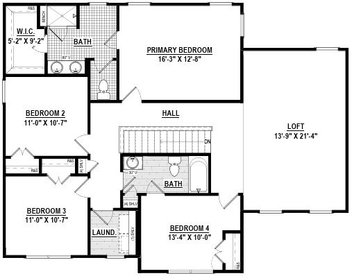 Black-and-white floor plan for Lot 23 in Poplar Village: four bedrooms, two bathrooms, loft, hall, laundry, walk-in closet.