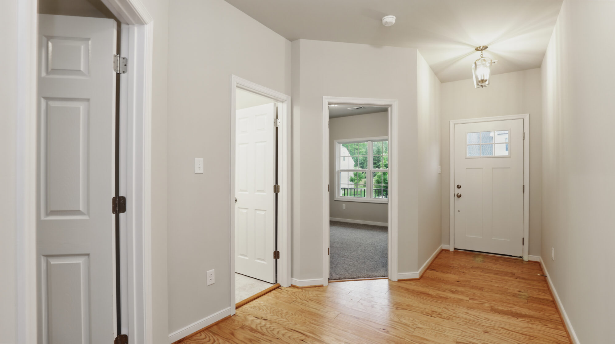 Bright hallway with wooden floor, white doors, and a light fixture welcomes you to Somerset Hill.
