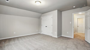 Empty carpeted bedroom with gray walls in Somerset Hill, ceiling light, double closet doors, and open door to hallway.