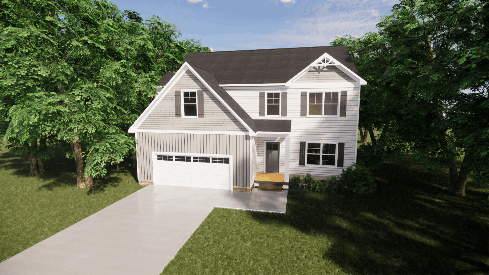 Two-story suburban house on Lot 13 in Poplar Village, with gray siding, white trim, garage, and surrounded by trees.