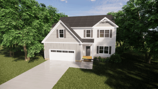 Two-story suburban house on Lot 13 in Poplar Village, with gray siding, white trim, garage, and surrounded by trees.