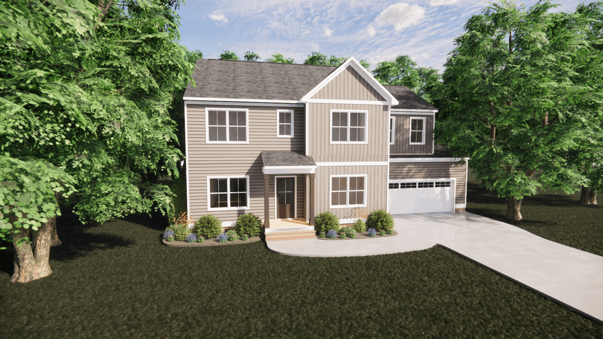 Two-story beige house with white trim on Lot 28, Poplar Village; double garage, porch, and lush trees and shrubs.
