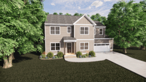 Two-story beige house with white trim on Lot 28, Poplar Village; double garage, porch, and lush trees and shrubs.