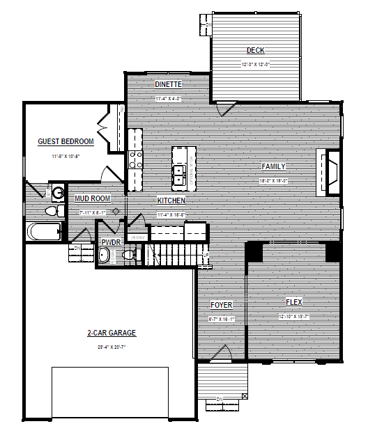 Black and white floor plan of Lot 13 in Poplar Village: garage, foyer, kitchen, family room, guest bedroom, and deck.