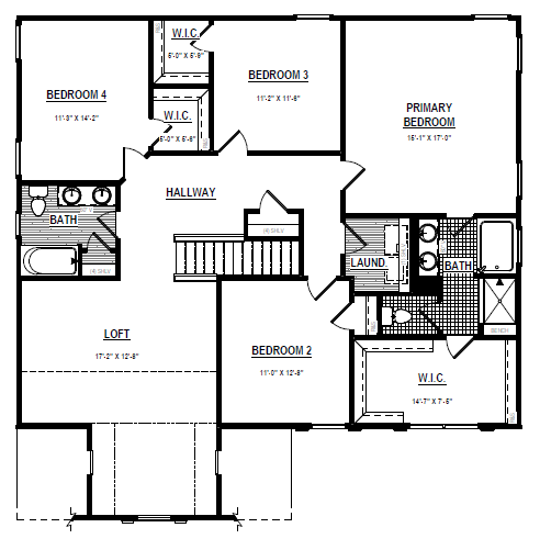 Black and white floor plan of Poplar Village Lot 13 upper level with four bedrooms, three baths, loft, and laundry.
